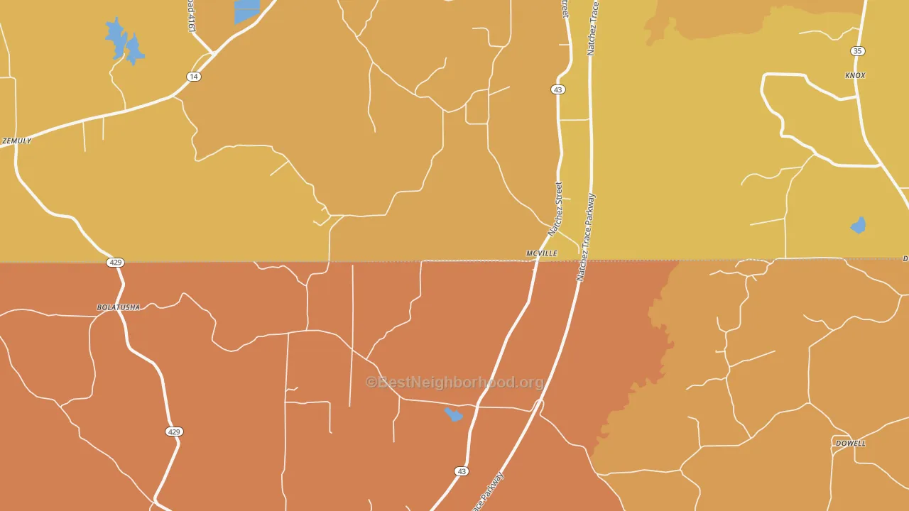 Map of the best neighborhoods in the McVille area, with better matches in green and worse matches in red