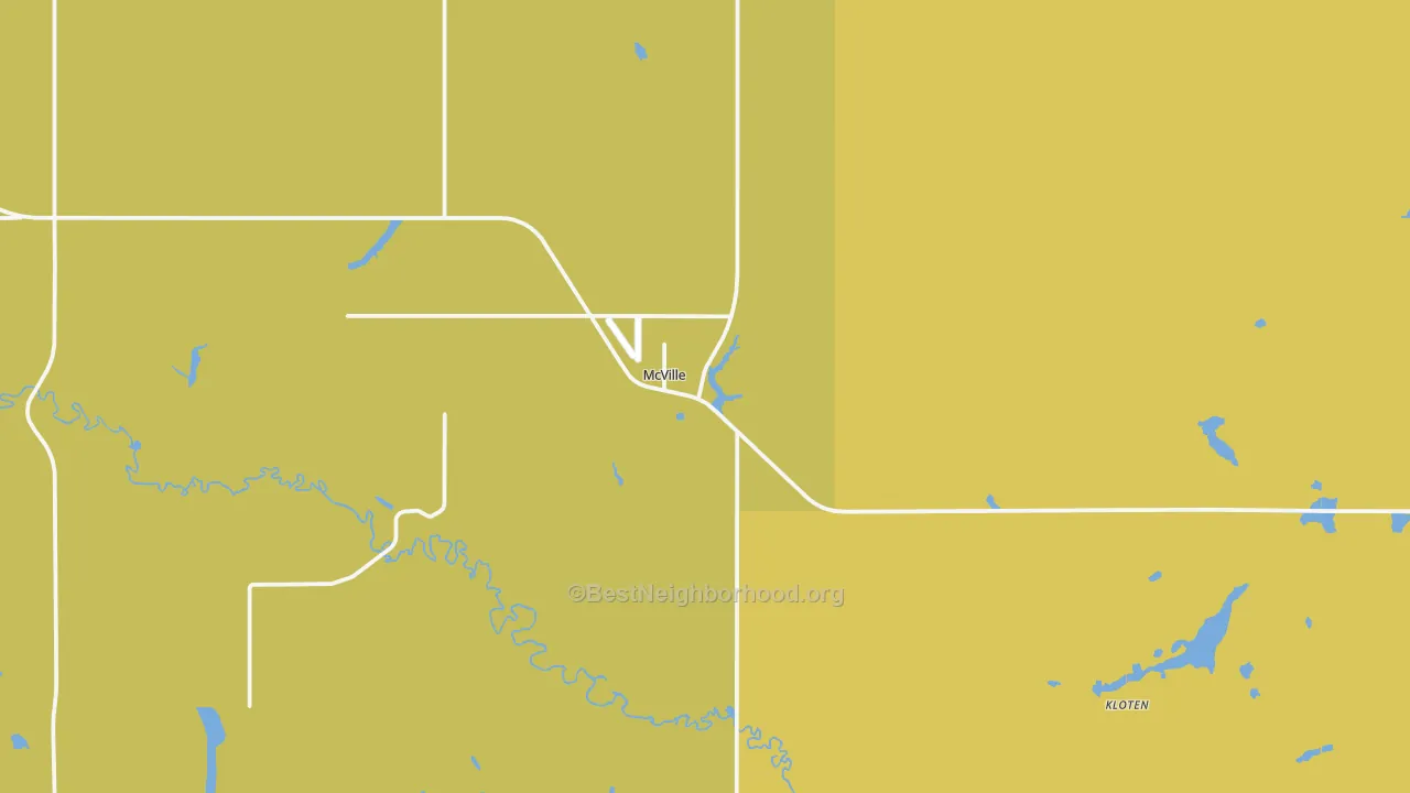 Map of the best neighborhoods in the Mcville area, with better matches in green and worse matches in red