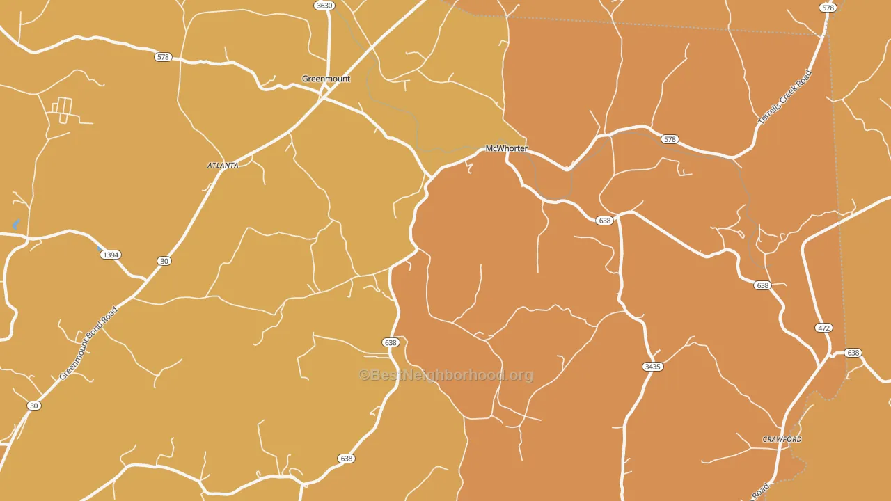 Map of the best neighborhoods in the McWhorter area, with better matches in green and worse matches in red