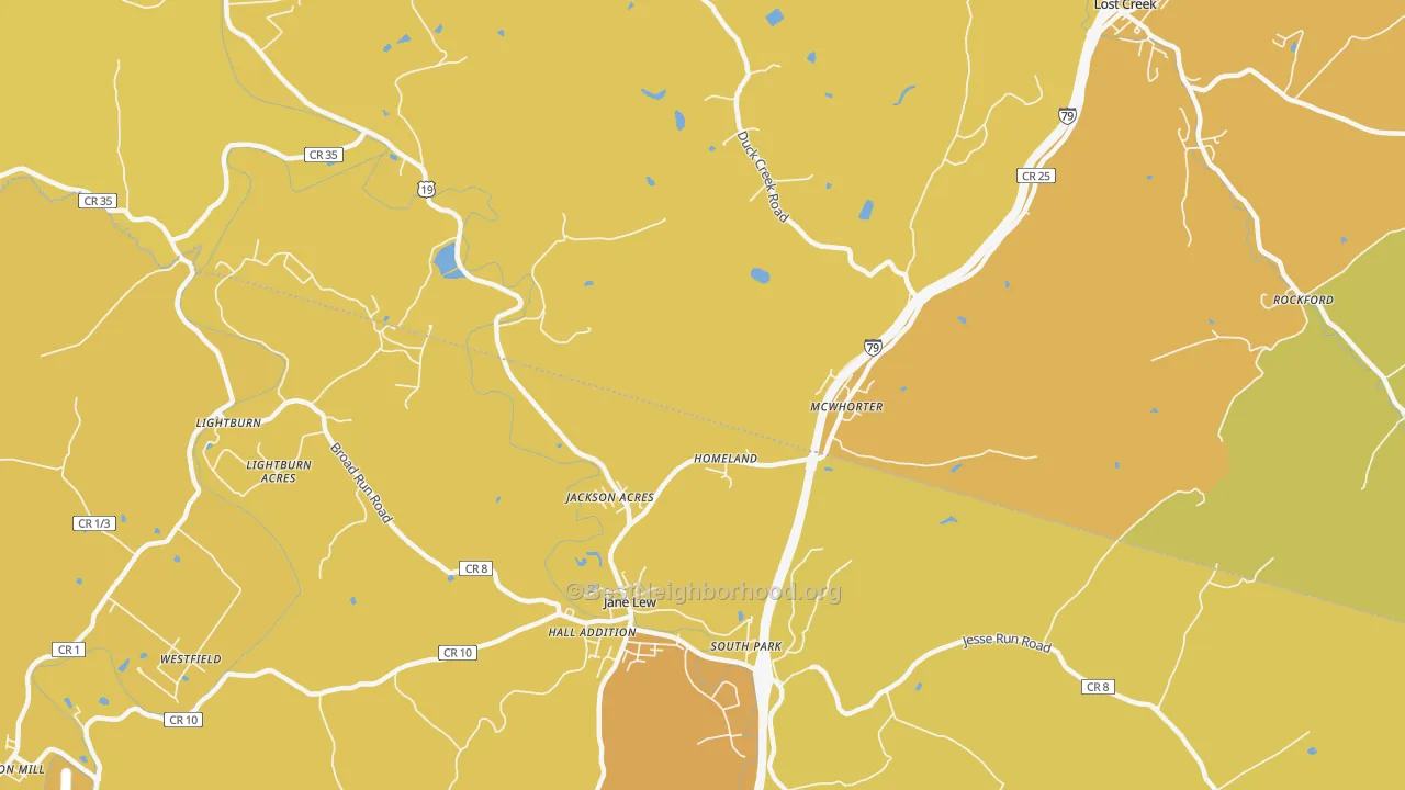 Map of the best neighborhoods in the McWhorter area, with better matches in green and worse matches in red