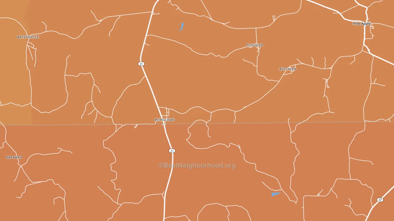Map of the best neighborhoods in the McWilliams area, with better matches in green and worse matches in red
