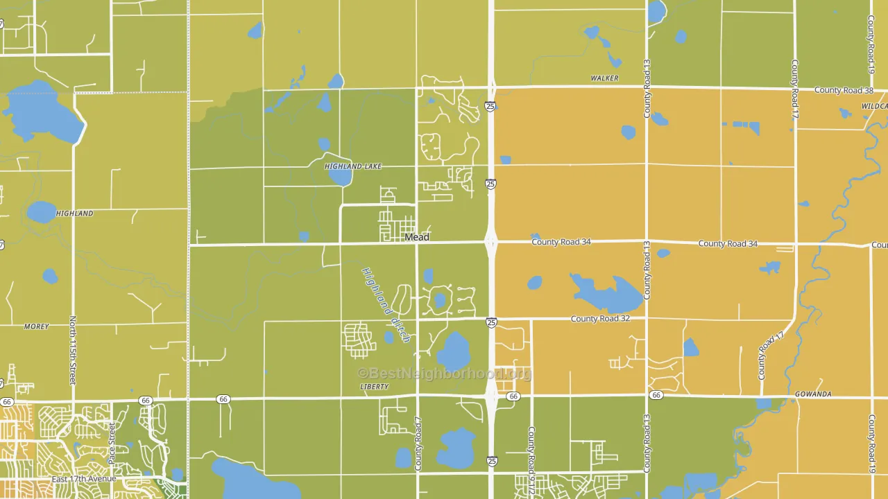 Map of the best neighborhoods in the Mead area, with better matches in green and worse matches in red