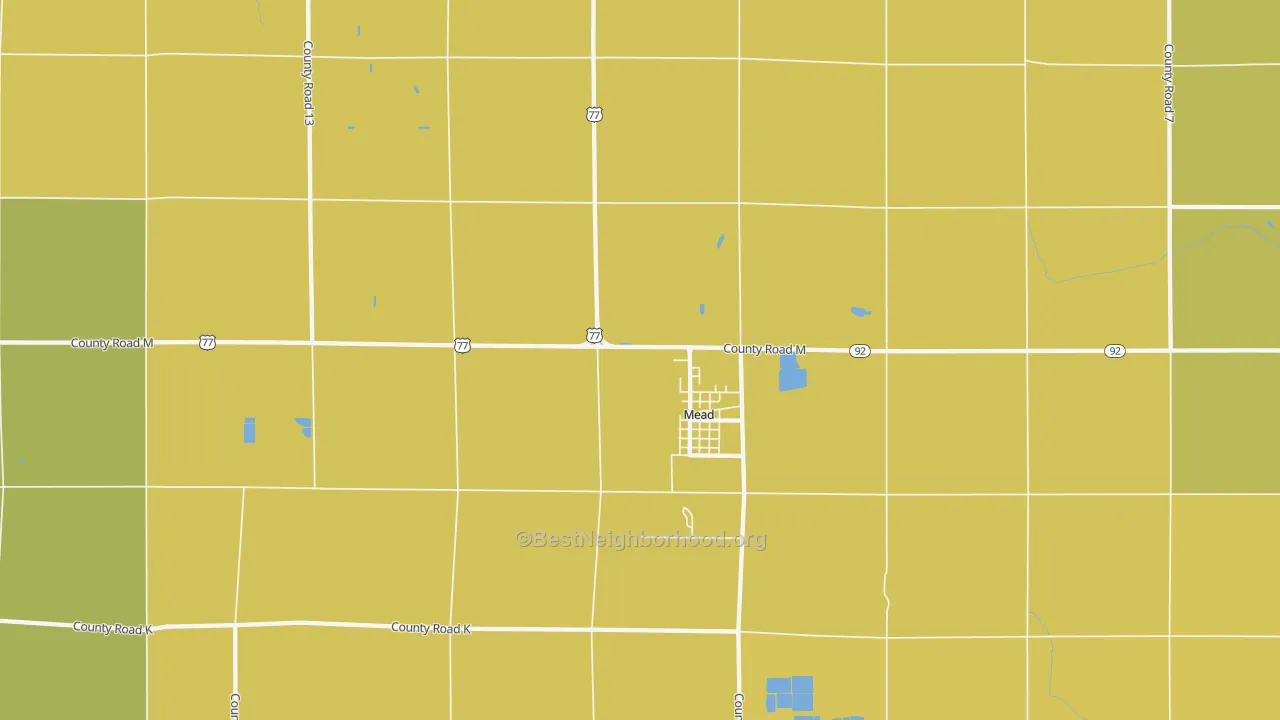 Map of the best neighborhoods in the Mead area, with better matches in green and worse matches in red