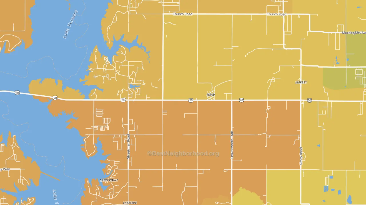 Map of the best neighborhoods in the Mead area, with better matches in green and worse matches in red