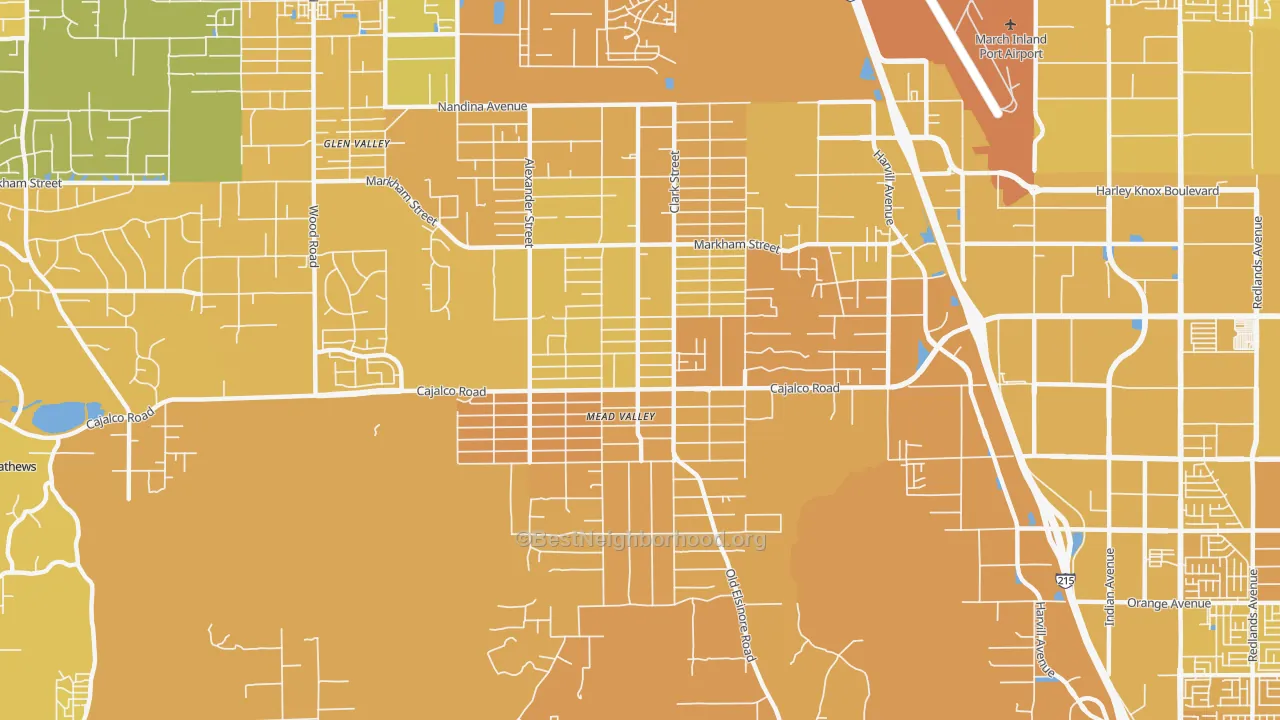 Map of the best neighborhoods in the Mead Valley area, with better matches in green and worse matches in red