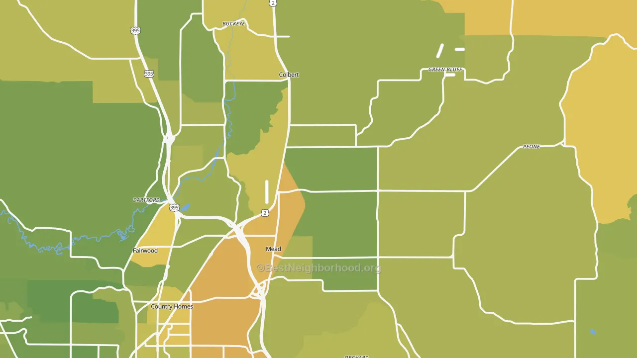 Map of the best neighborhoods in the Mead area, with better matches in green and worse matches in red