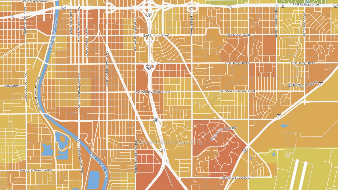 Map of the best neighborhoods in the Mead, Wichita area, with better matches in green and worse matches in red