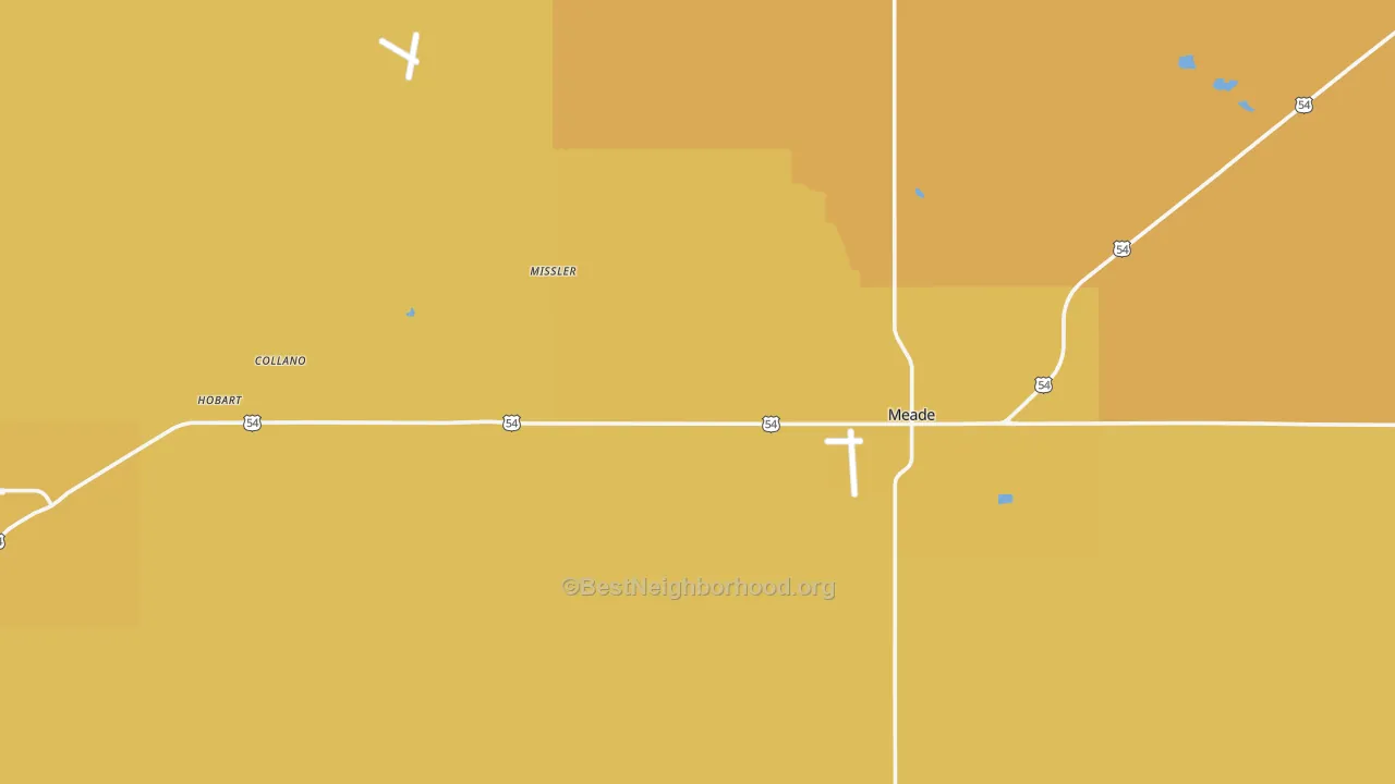 Map of the best neighborhoods in the Meade County area, with better matches in green and worse matches in red