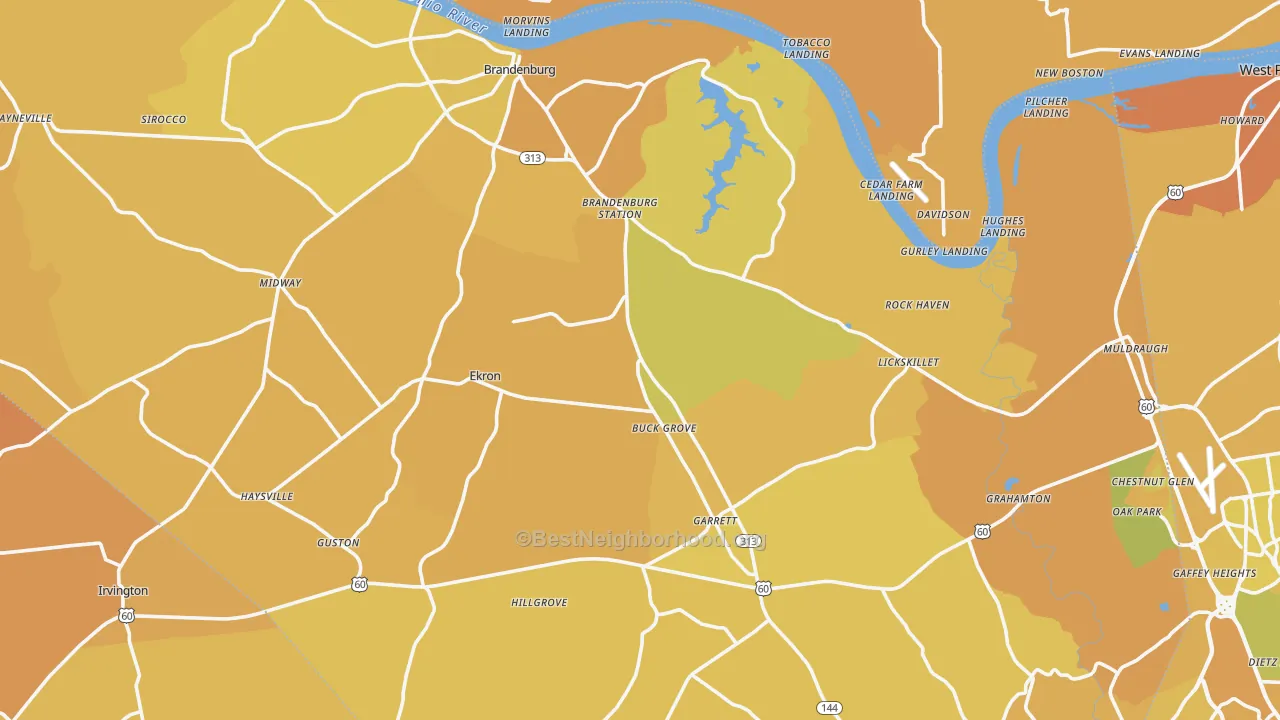 Map of the best neighborhoods in the Meade County area, with better matches in green and worse matches in red