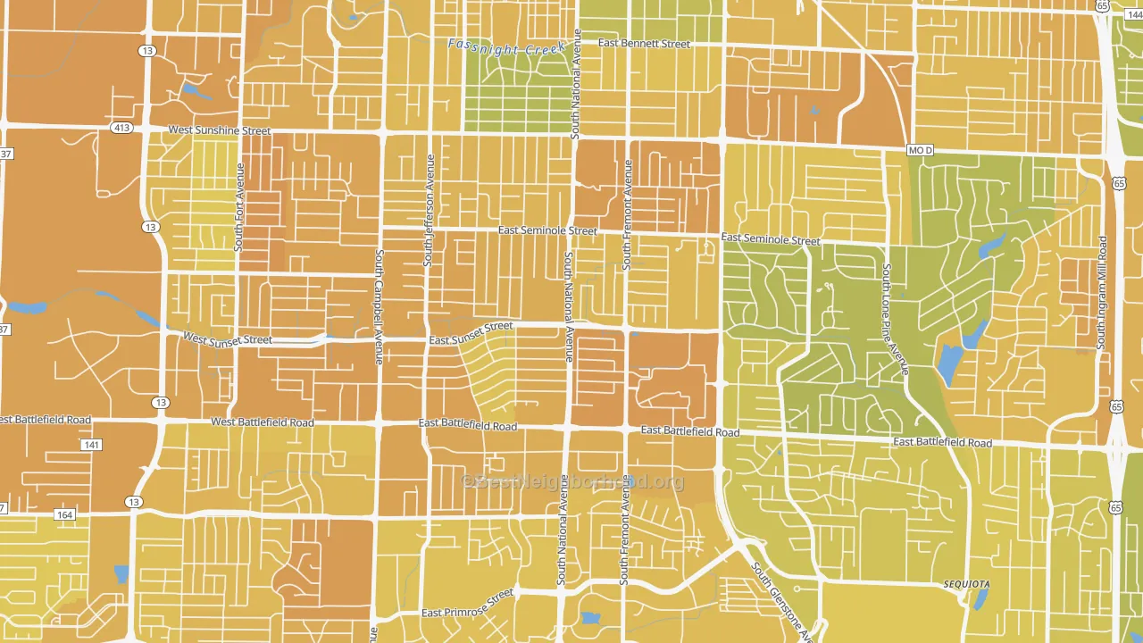 Map of the best neighborhoods in the Meador Park, Springfield area, with better matches in green and worse matches in red
