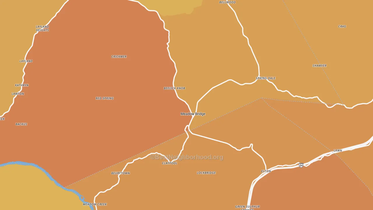 Map of the best neighborhoods in the Meadow Bridge area, with better matches in green and worse matches in red