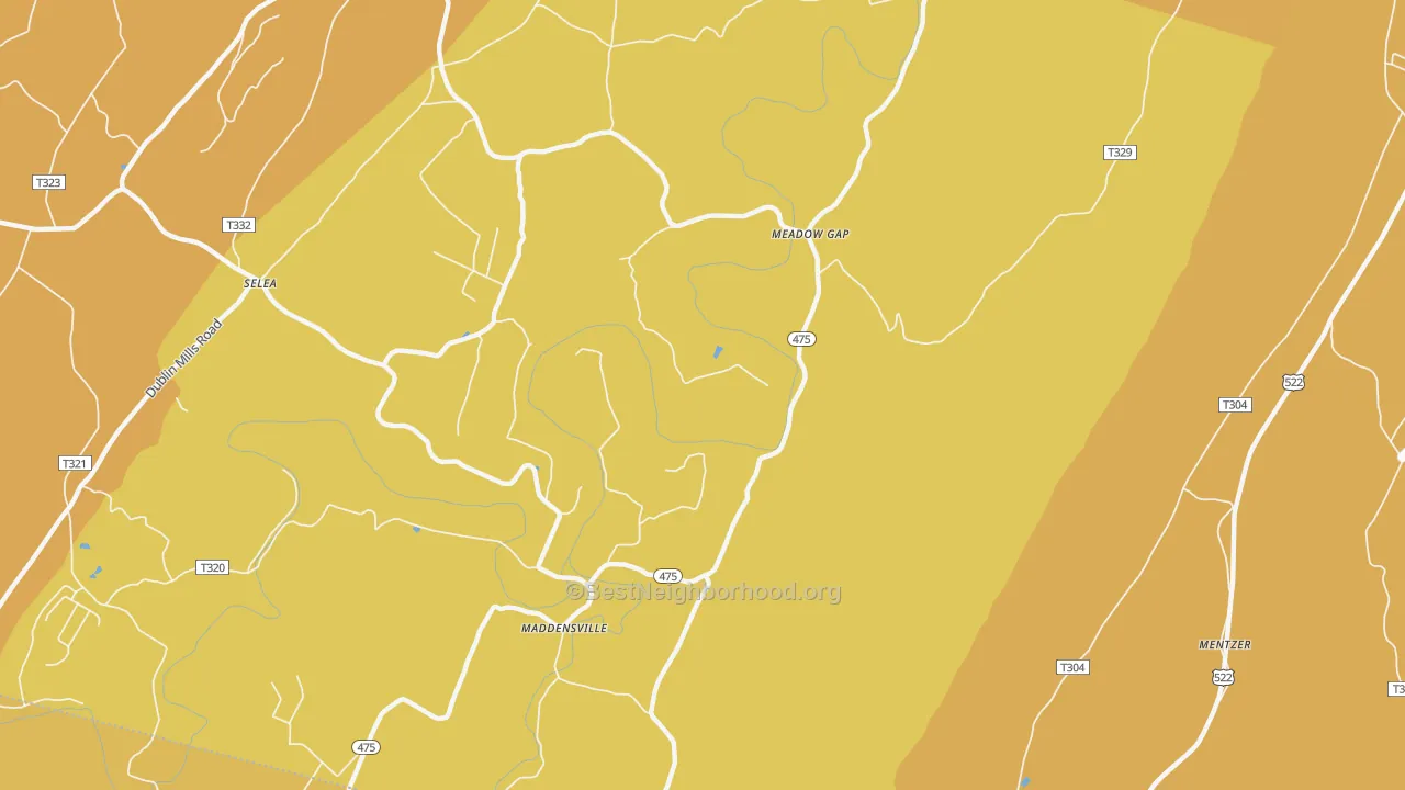 Map of the best neighborhoods in the Meadow Gap area, with better matches in green and worse matches in red