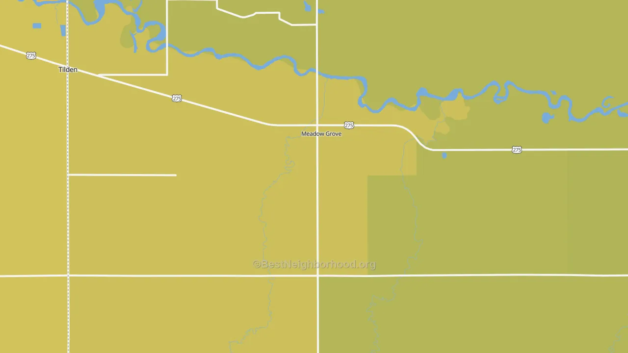 Map of the best neighborhoods in the Meadow Grove area, with better matches in green and worse matches in red