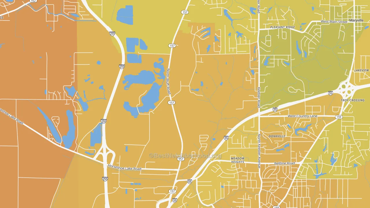 Map of the best neighborhoods in the Meadow Heights area, with better matches in green and worse matches in red