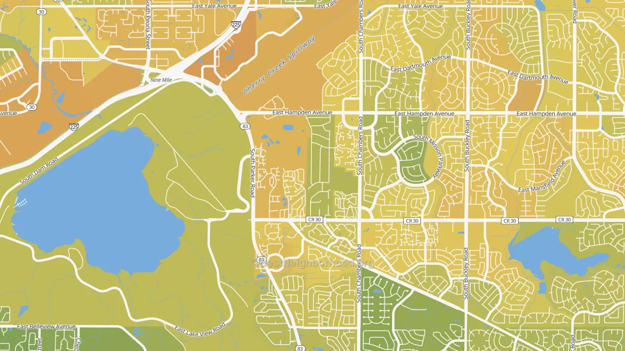 Map of the best neighborhoods in the Meadow Hills, Aurora area, with better matches in green and worse matches in red