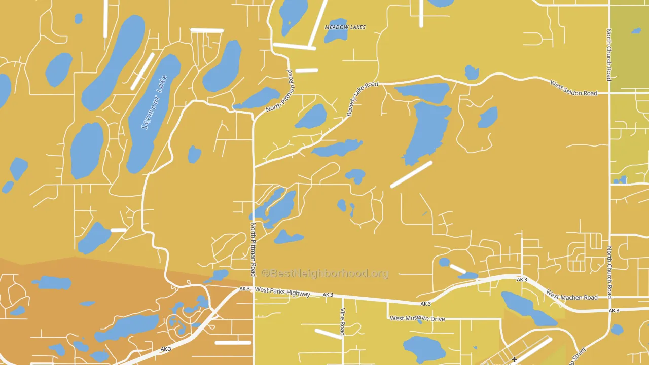 Map of the best neighborhoods in the Meadow Lakes area, with better matches in green and worse matches in red