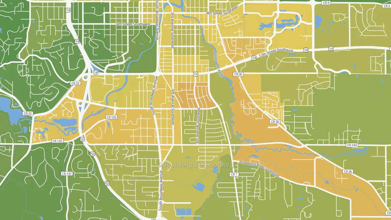 Map of the best neighborhoods in the Meadow Park, Rochester area, with better matches in green and worse matches in red