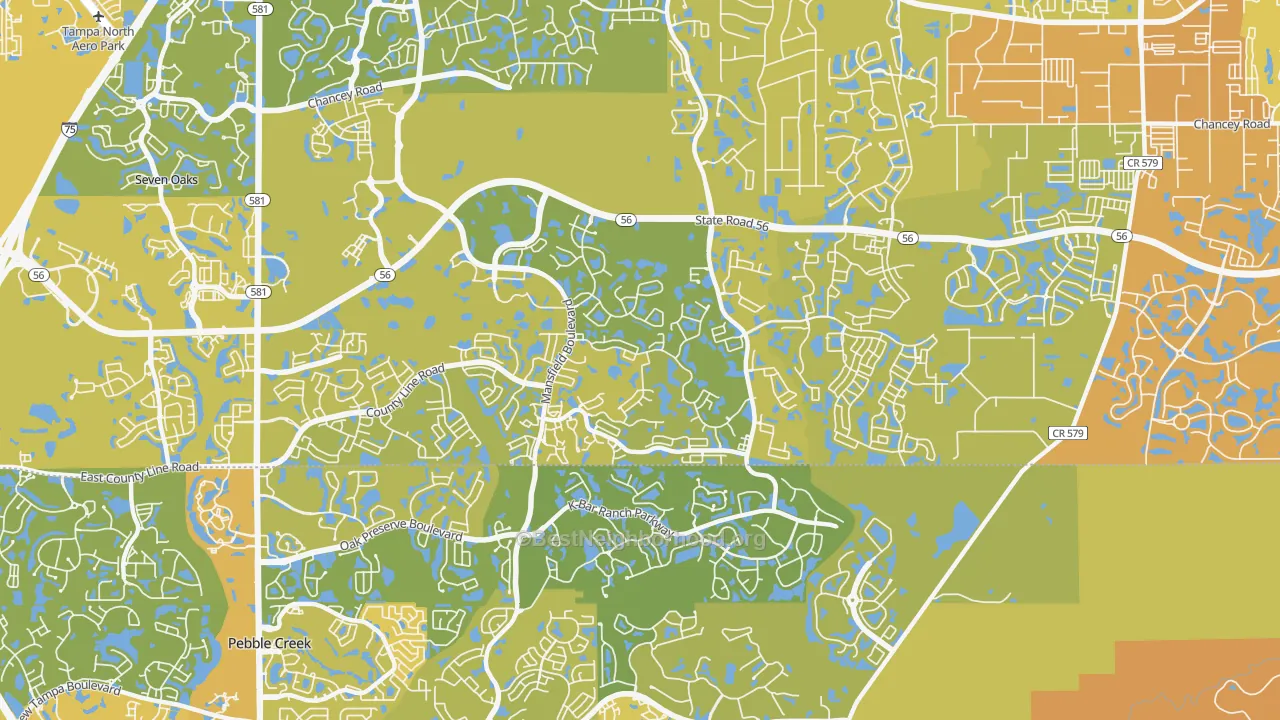 Map of the best neighborhoods in the Meadow Point, Wesley Chapel area, with better matches in green and worse matches in red