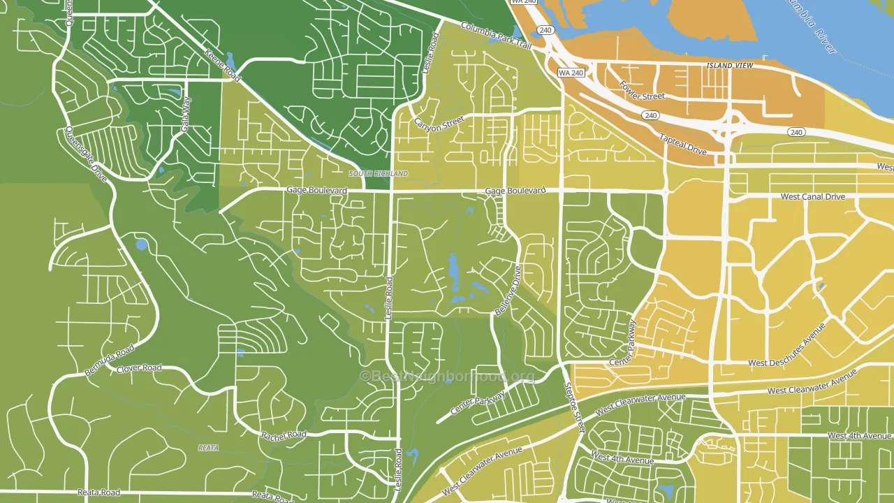 Map of the best neighborhoods in the Meadow Springs, Richland area, with better matches in green and worse matches in red