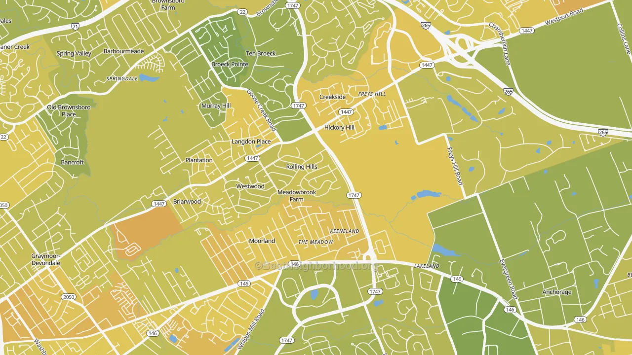Map of the best neighborhoods in the Meadow Vale area, with better matches in green and worse matches in red