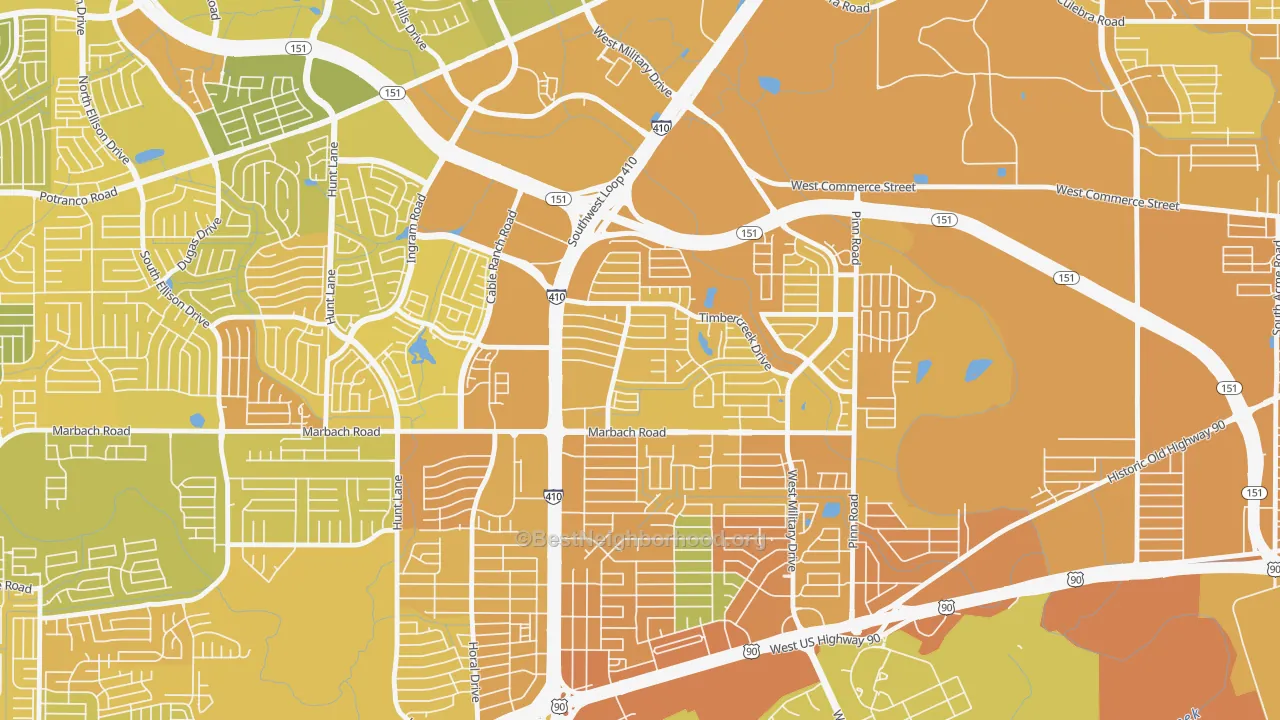 Map of the best neighborhoods in the Meadow Village, San Antonio area, with better matches in green and worse matches in red