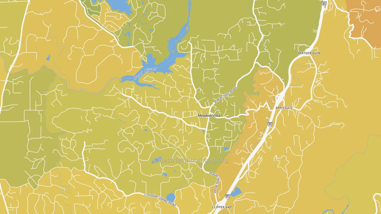 Map of the best neighborhoods in the Meadow Vista area, with better matches in green and worse matches in red