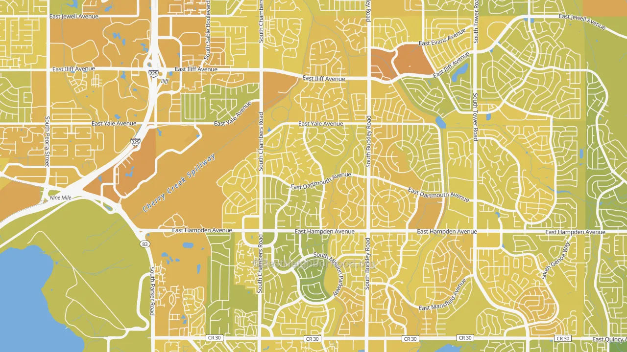 Map of the best neighborhoods in the Meadow Wood, Aurora area, with better matches in green and worse matches in red