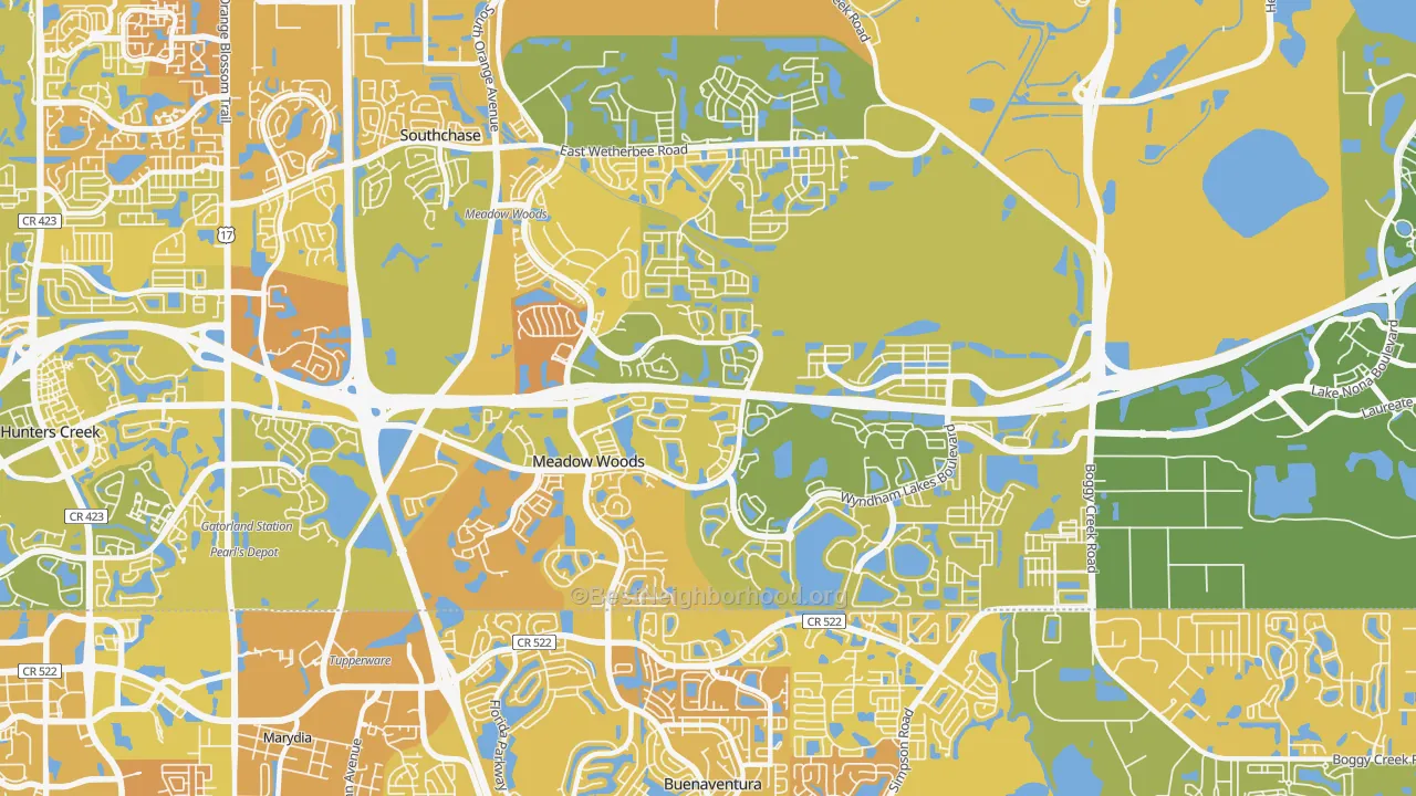 Map of the best neighborhoods in the Meadow Woods area, with better matches in green and worse matches in red