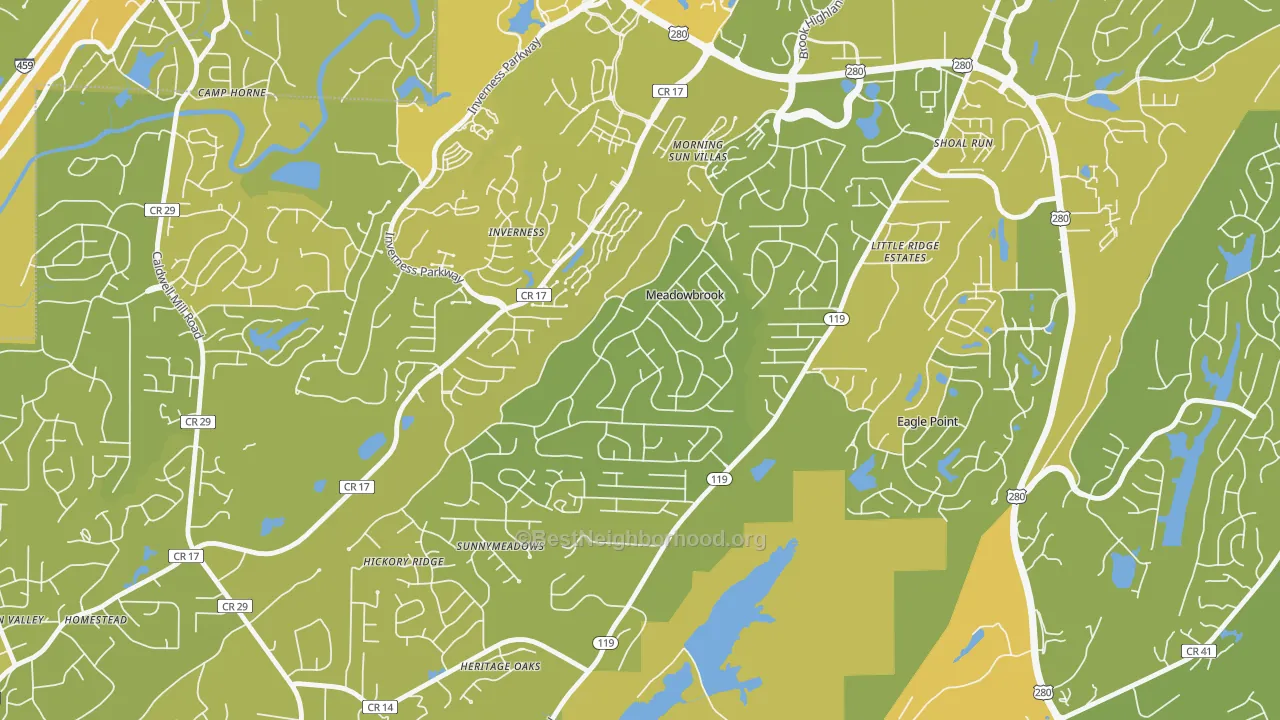 Map of the best neighborhoods in the Meadowbrook area, with better matches in green and worse matches in red