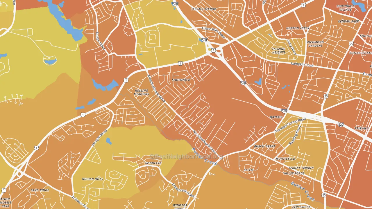 Map of the best neighborhoods in the Meadowbrook, Augusta area, with better matches in green and worse matches in red