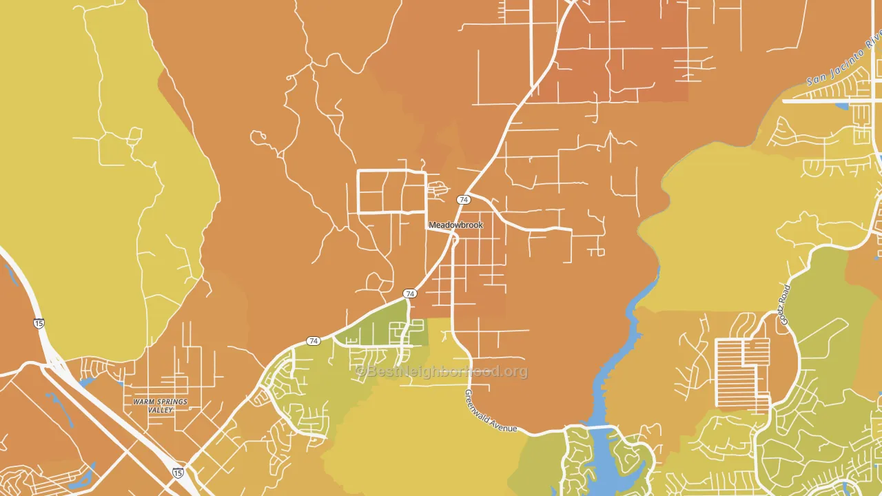 Map of the best neighborhoods in the Meadowbrook area, with better matches in green and worse matches in red