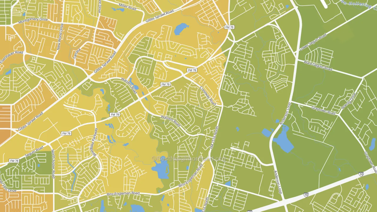 Map of the best neighborhoods in the Meadowbrook, Converse area, with better matches in green and worse matches in red
