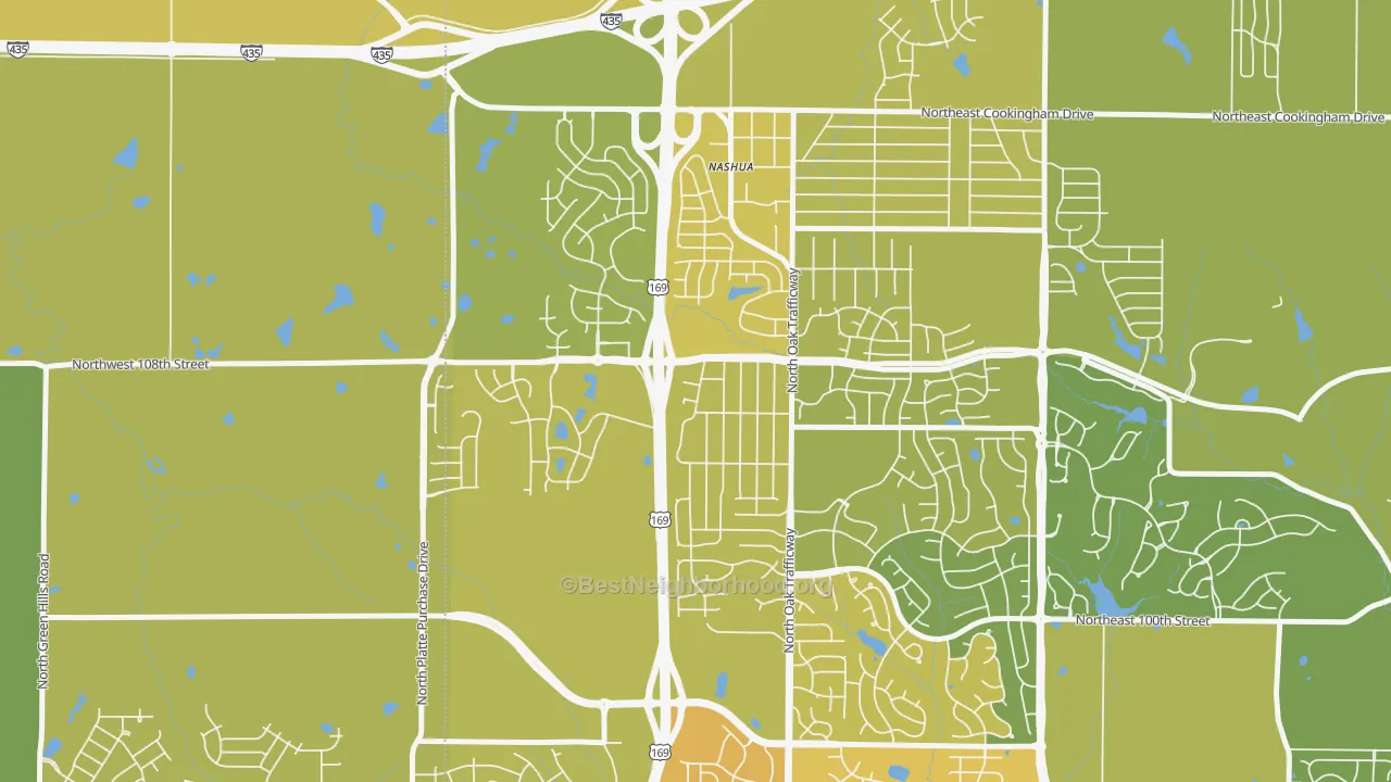 Map of the best neighborhoods in the Meadowbrook Heights, Kansas City area, with better matches in green and worse matches in red