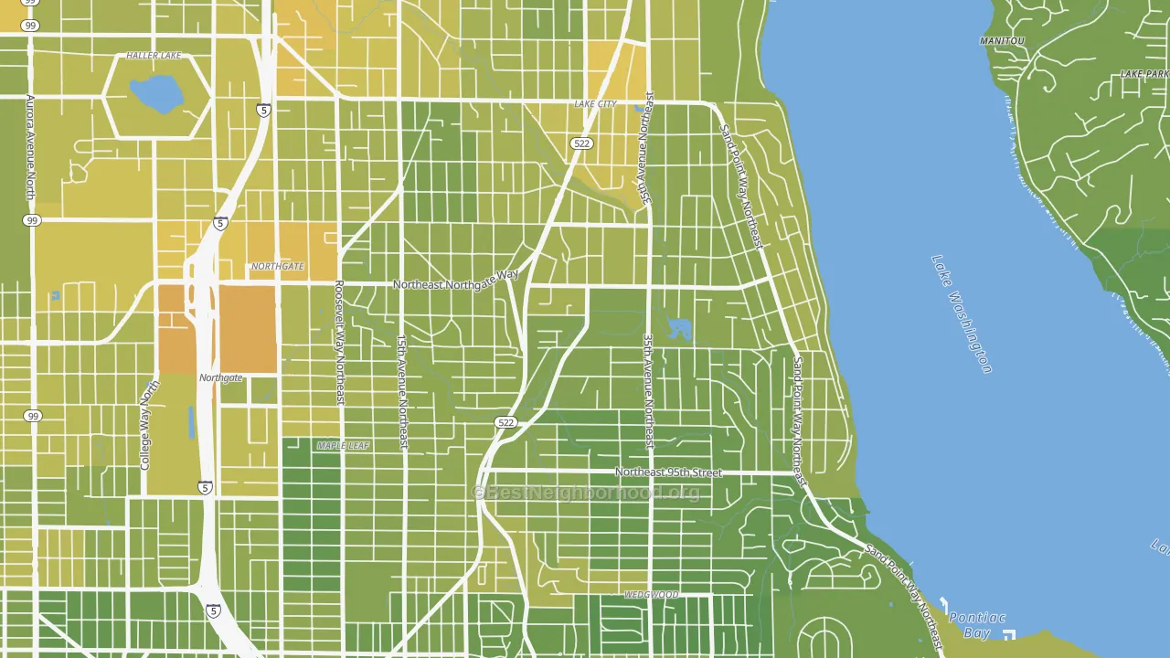 Map of the best neighborhoods in the Meadowbrook, Seattle area, with better matches in green and worse matches in red