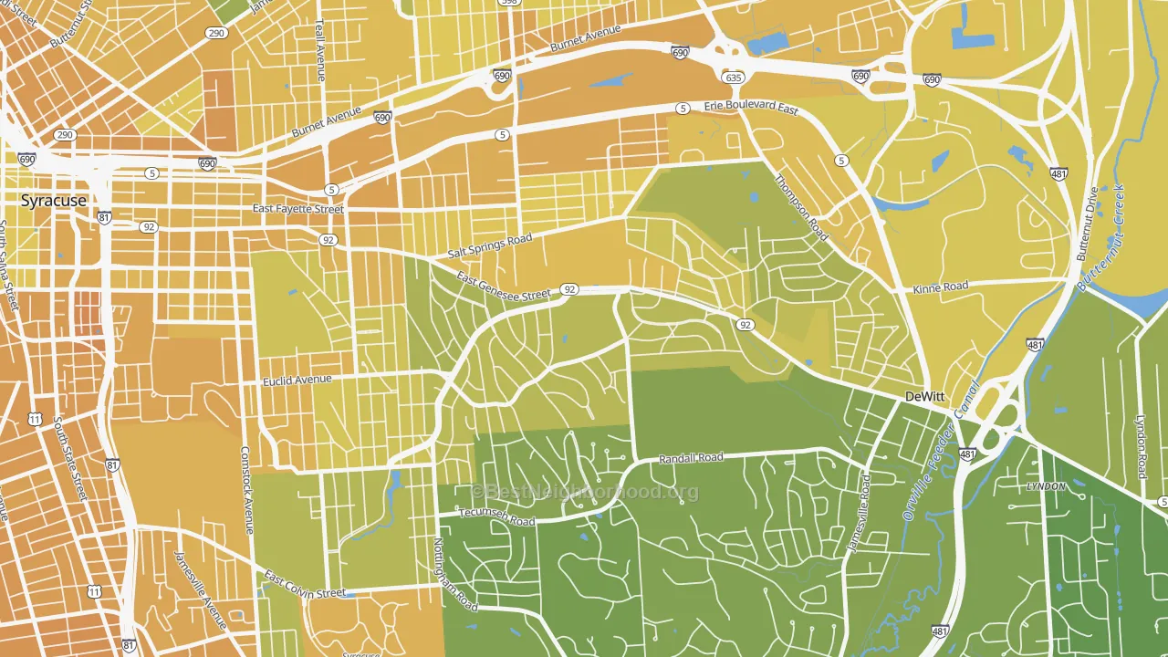 Map of the best neighborhoods in the Meadowbrook, Syracuse area, with better matches in green and worse matches in red