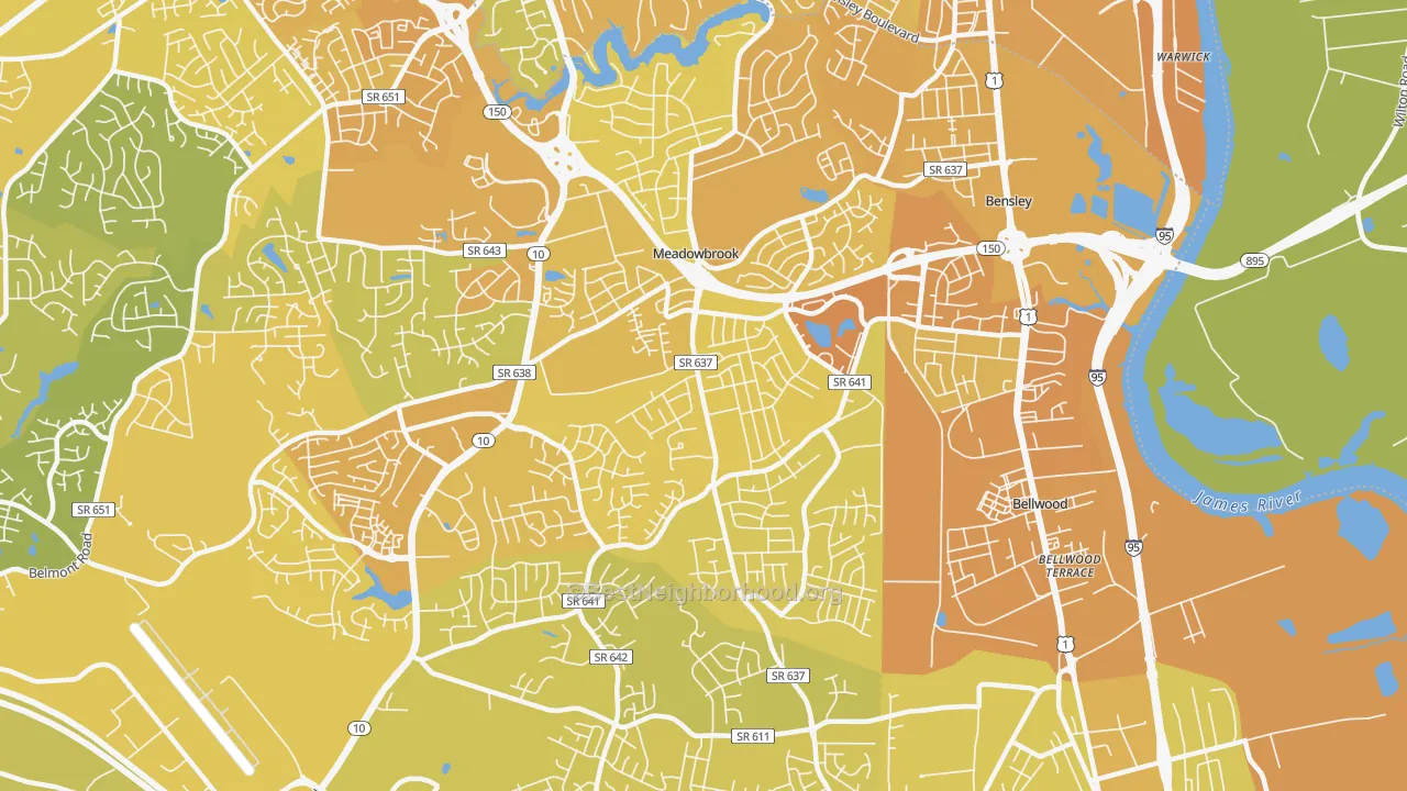 Map of the best neighborhoods in the Meadowbrook area, with better matches in green and worse matches in red