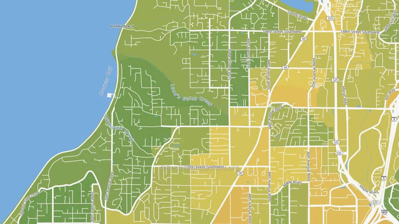 Map of the best neighborhoods in the Meadowdale, Lynnwood area, with better matches in green and worse matches in red
