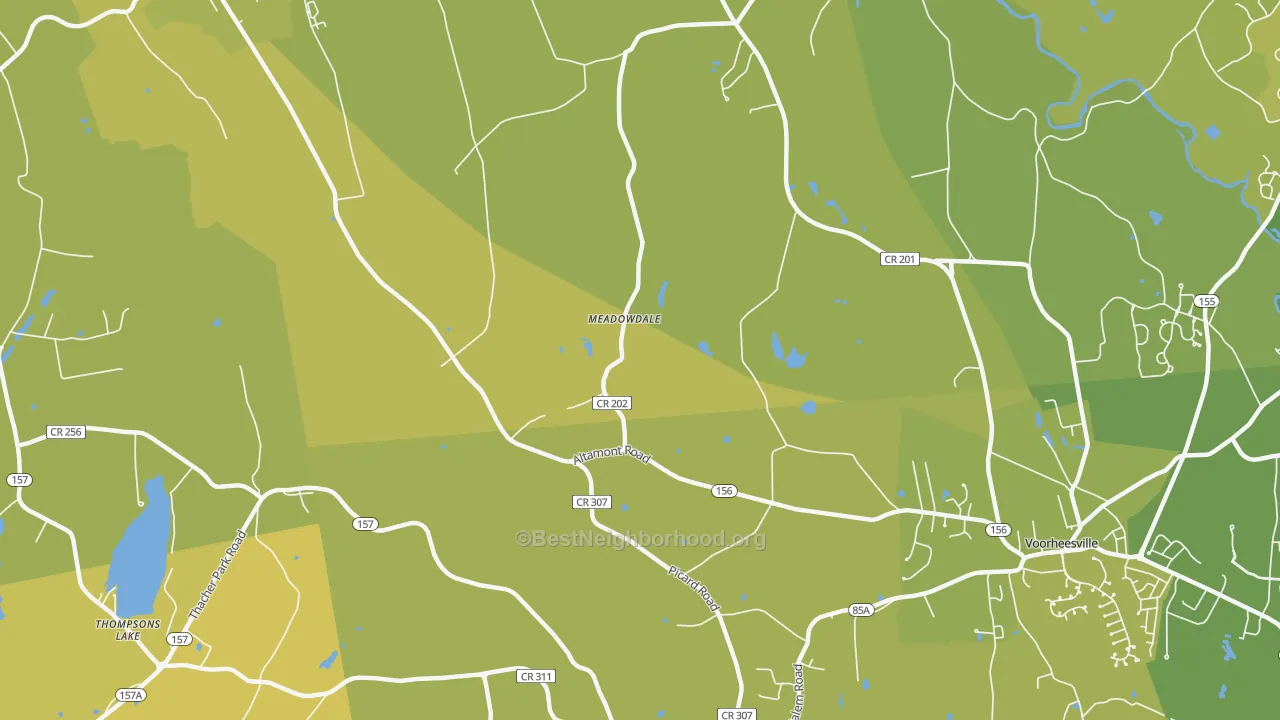 Map of the best neighborhoods in the Meadowdale area, with better matches in green and worse matches in red