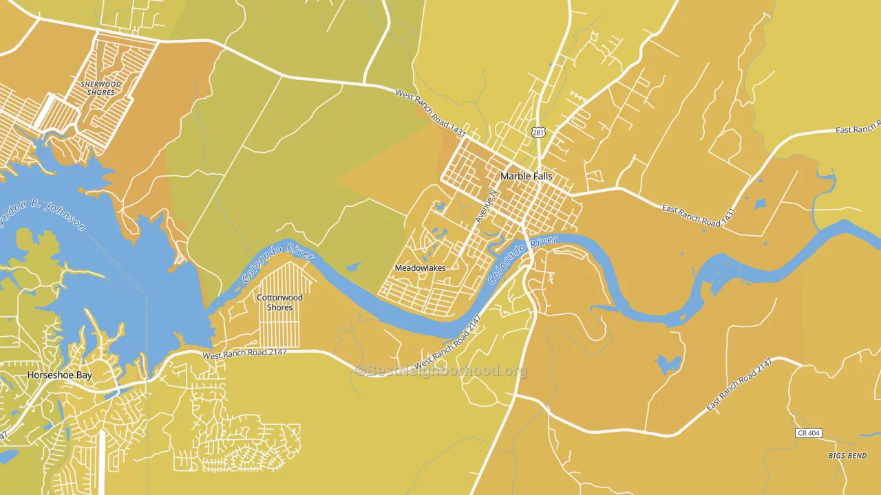 Map of the best neighborhoods in the Meadowlakes area, with better matches in green and worse matches in red