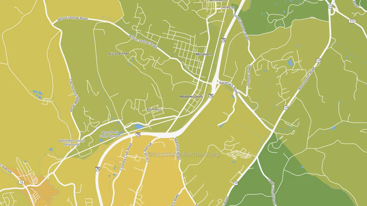 Map of the best neighborhoods in the Meadowlands area, with better matches in green and worse matches in red