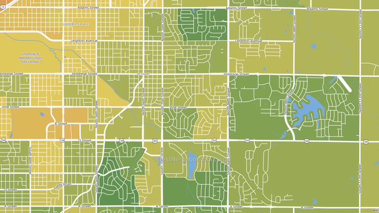 Map of the best neighborhoods in the Meadowlane, Lincoln area, with better matches in green and worse matches in red