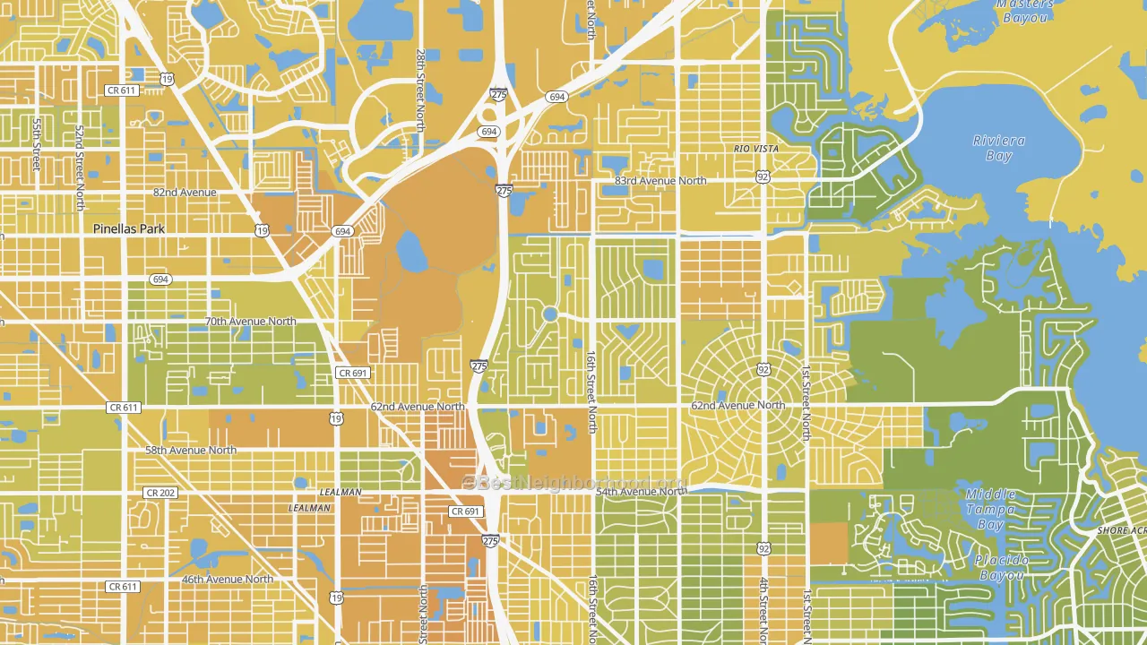 Map of the best neighborhoods in the Meadowlawn, St. Petersburg area, with better matches in green and worse matches in red