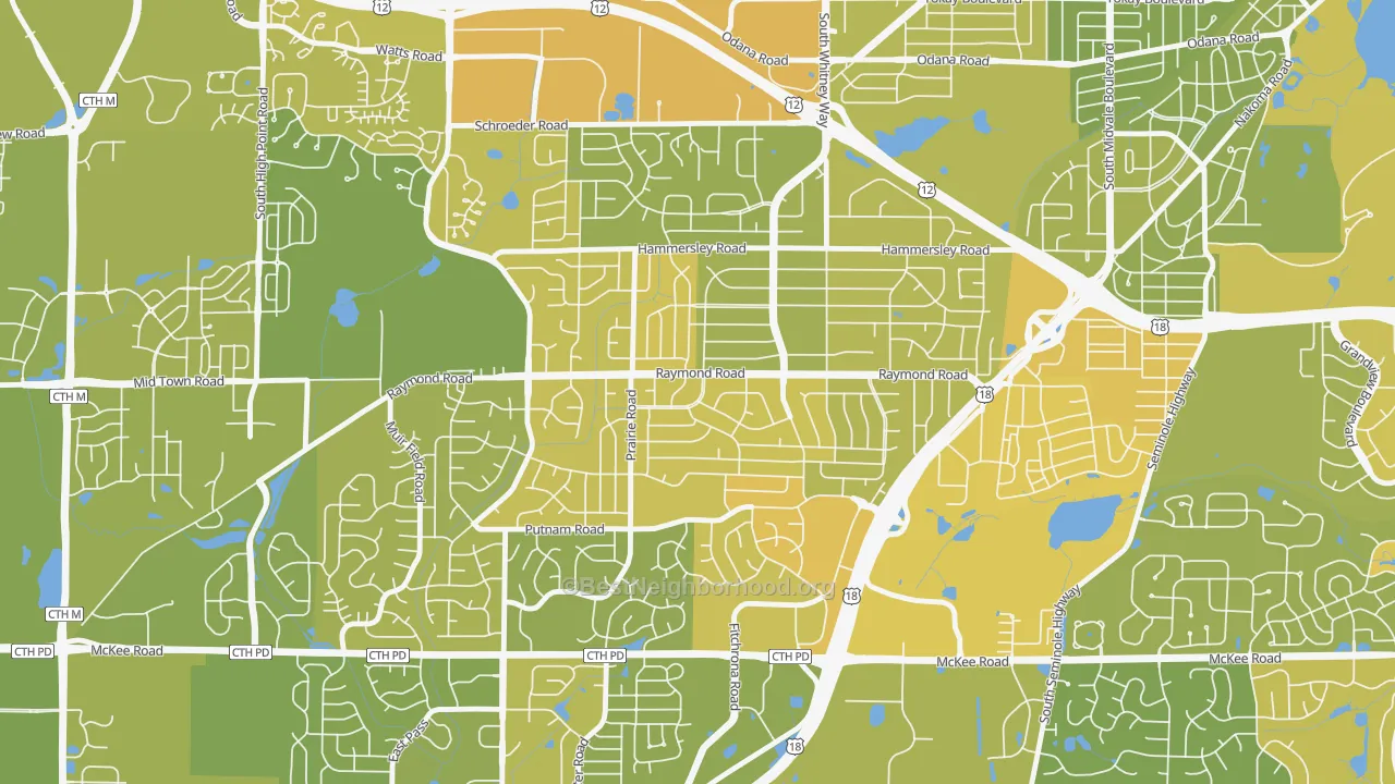 Map of the best neighborhoods in the Meadowood, Madison area, with better matches in green and worse matches in red