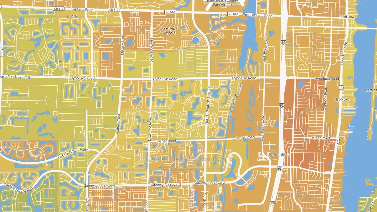 Map of the best neighborhoods in the Meadows, Boynton Beach area, with better matches in green and worse matches in red