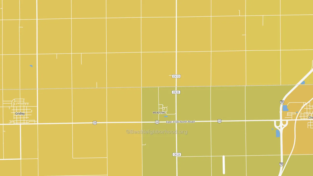 Map of the best neighborhoods in the Meadows area, with better matches in green and worse matches in red