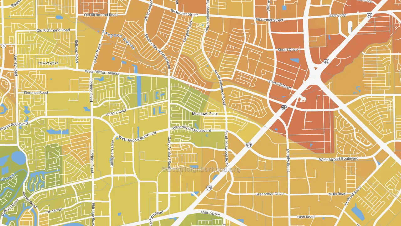 Map of the best neighborhoods in the Meadows Place area, with better matches in green and worse matches in red