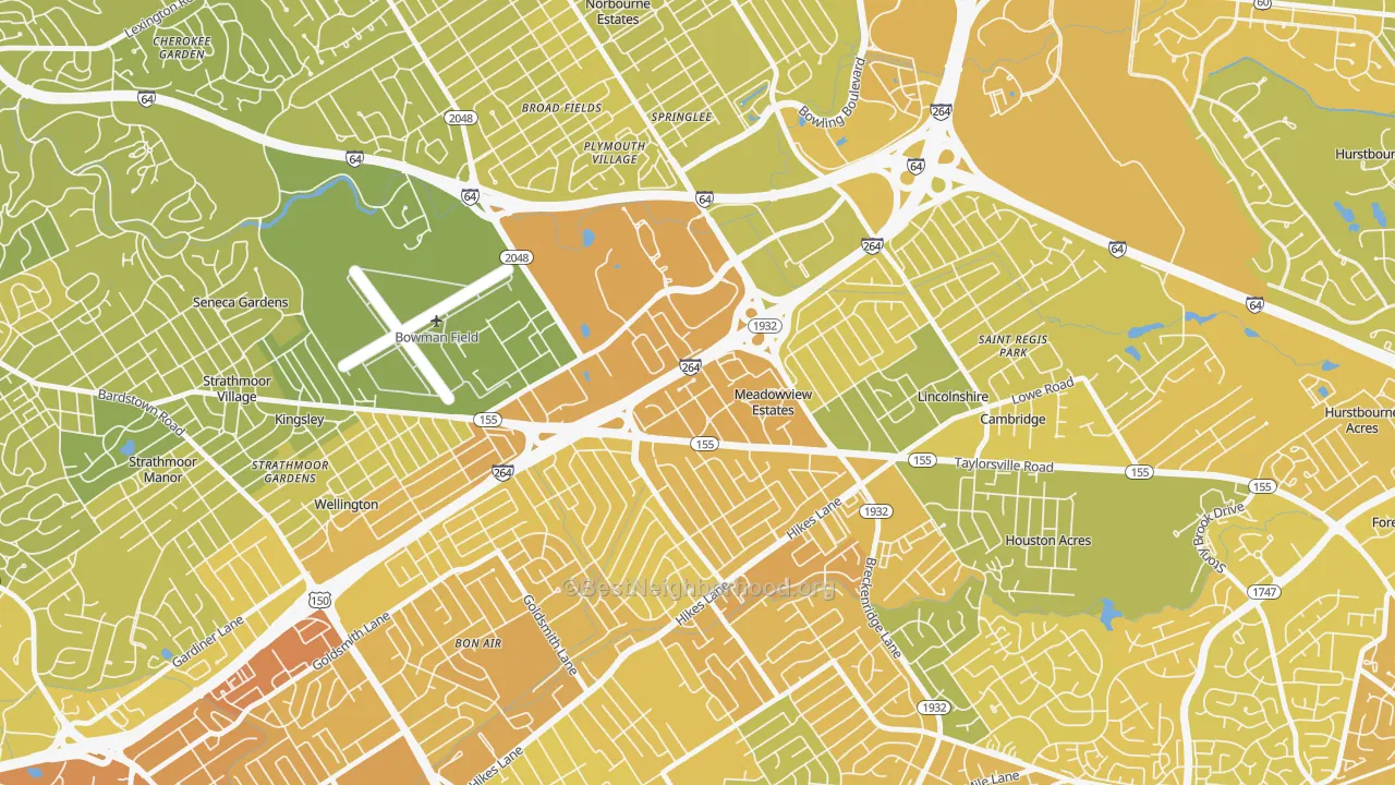 Map of the best neighborhoods in the Meadowview Estates area, with better matches in green and worse matches in red