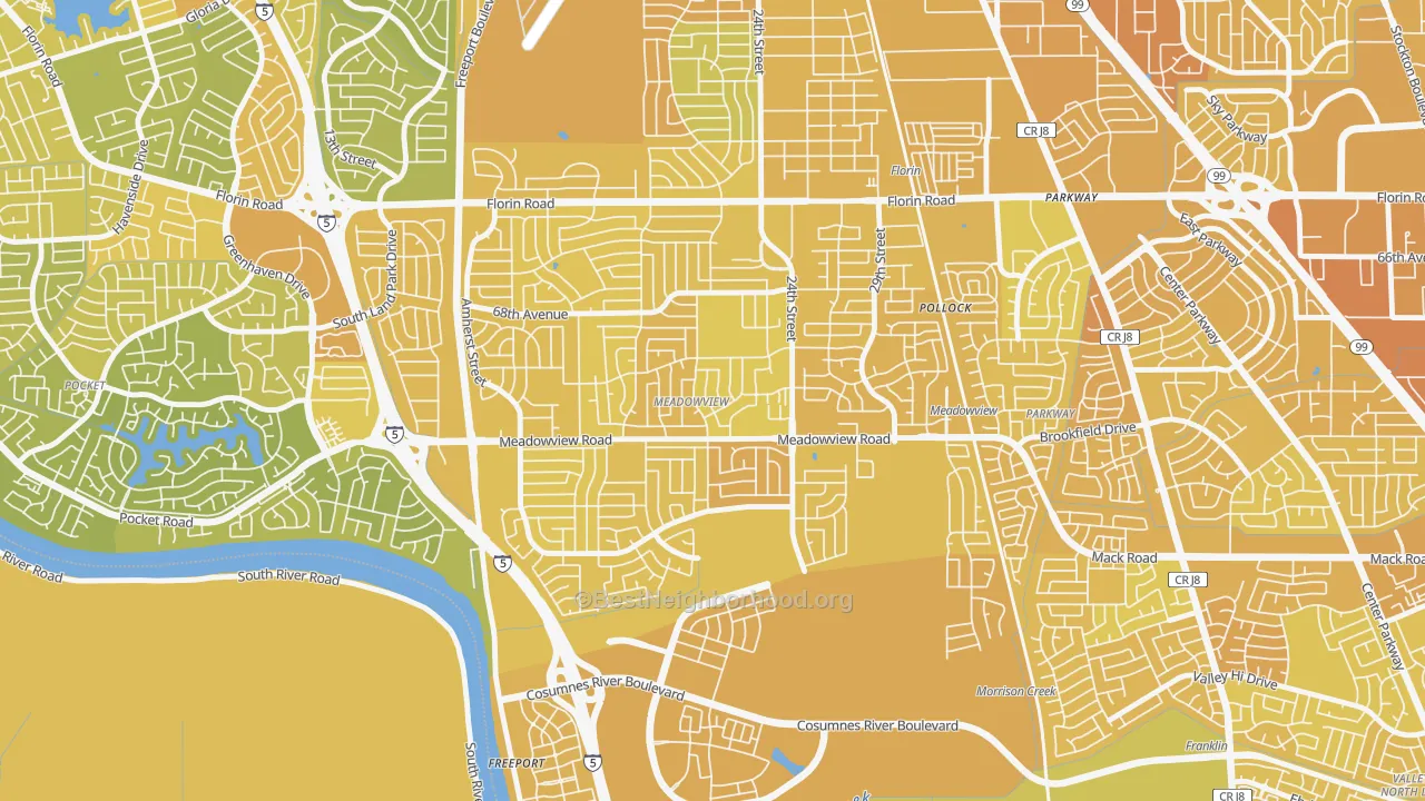 Map of the best neighborhoods in the Meadowview, Sacramento area, with better matches in green and worse matches in red