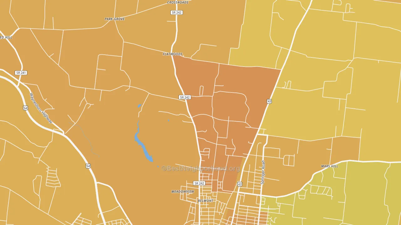Map of the best neighborhoods in the Meadowview area, with better matches in green and worse matches in red