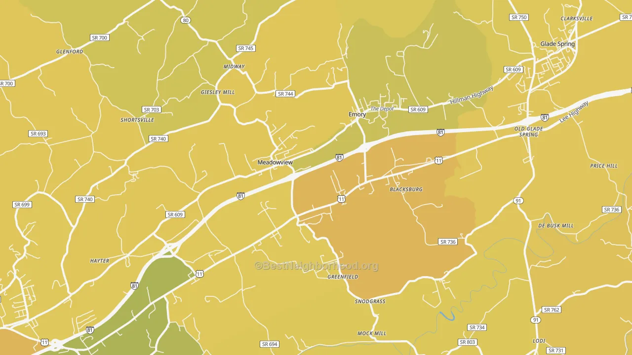 Map of the best neighborhoods in the Meadowview area, with better matches in green and worse matches in red